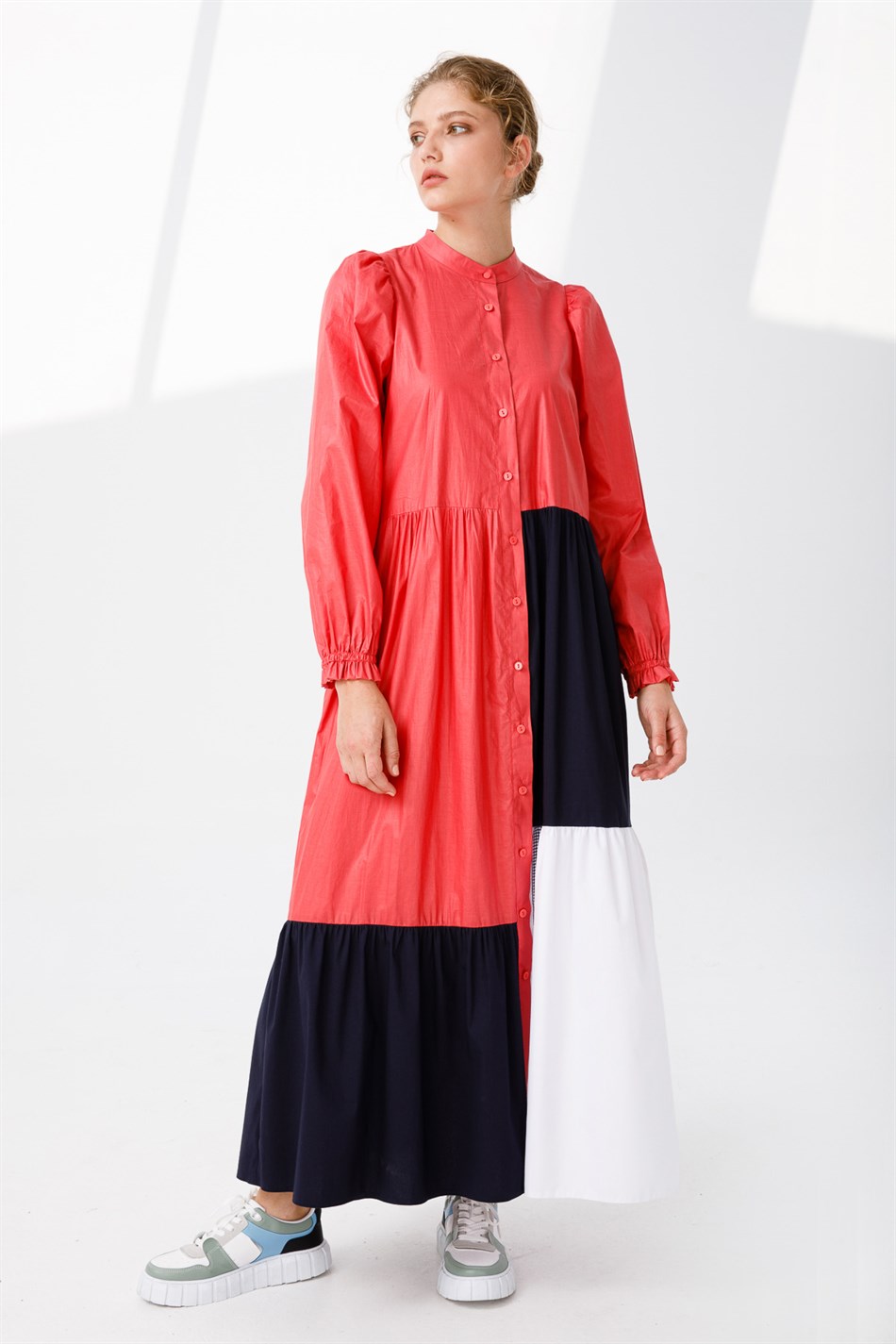 Doğal Elyaf (%100 Pamuk) Üç Renk Büzgülü Elbise-Mercan