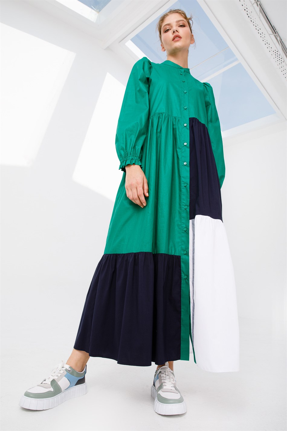 Doğal Elyaf (%100 Pamuk) Üç Renk Büzgülü Elbise-Yeşil